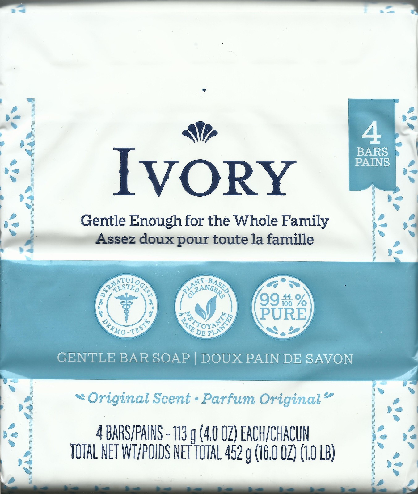 Classic ORIGINAL IVORY White Bar Soap 4 oz X 4 BARS 99.44% Pure Clean Simple