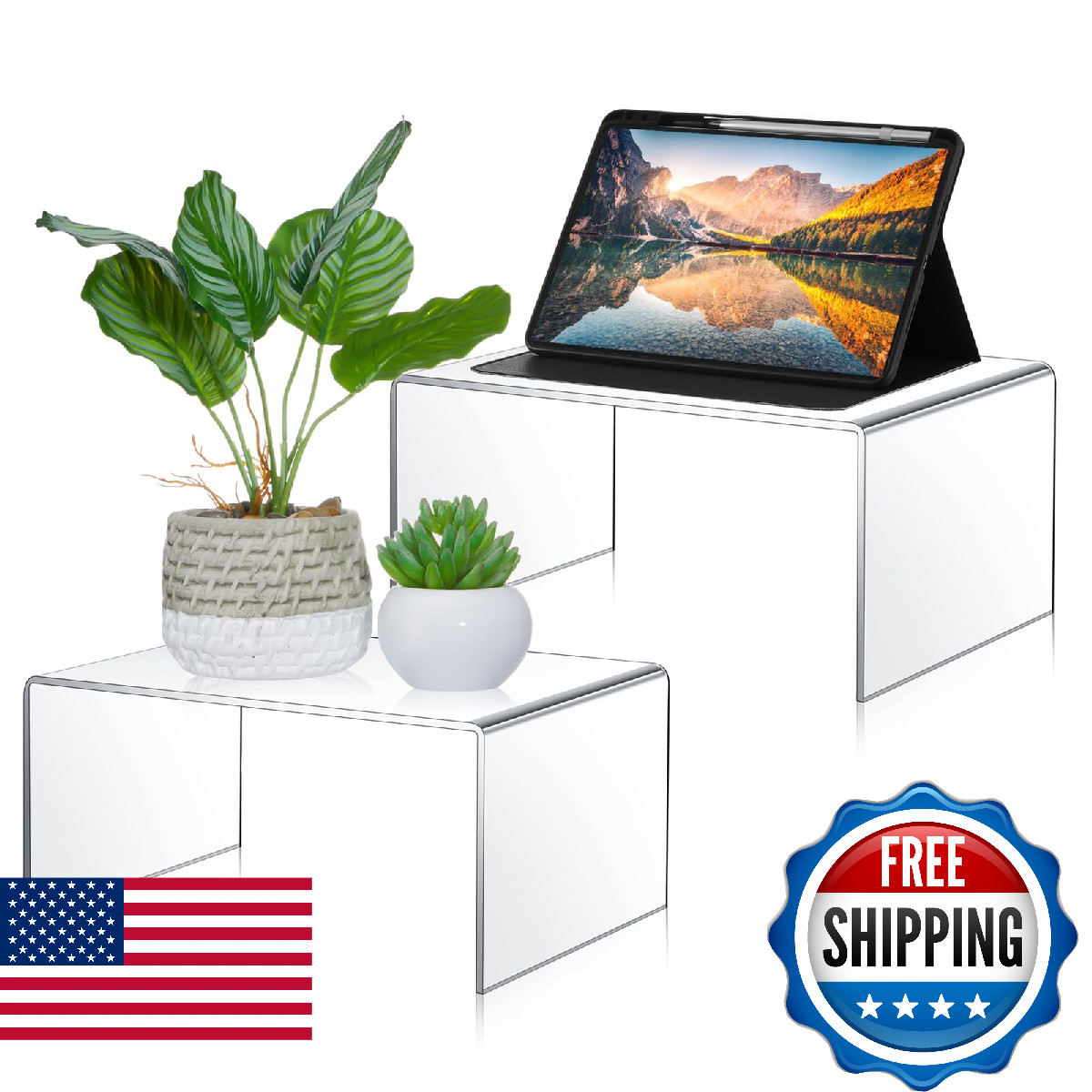 RattanView 2 Pcs 12 Inch 14 Inch Acrylic Risers Display Stands Shelf Showcase Cl