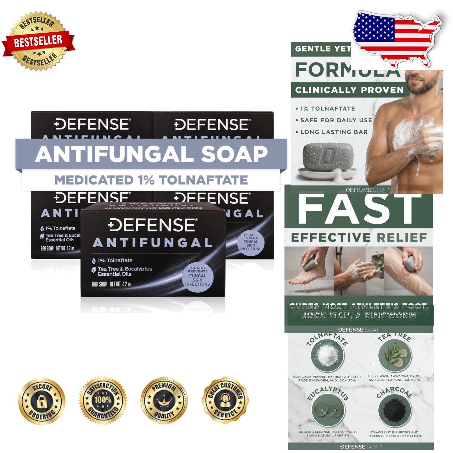 Defense Antifungal Soap 5pk Tolnaftate Medicated Bar for Jock Itch Ringworm Foot