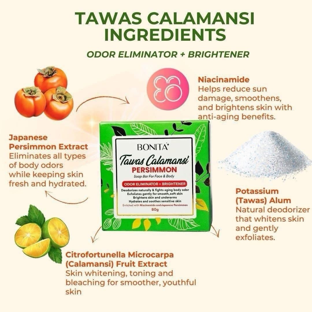 Bonita Tawas Calamansi Soap W/Persimmon For Face & Body Bar Soap 80g X 2 Bars