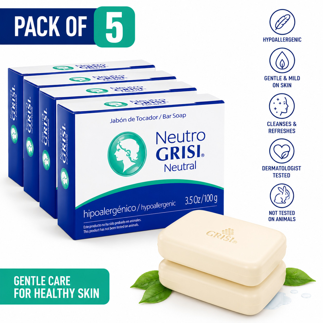 Neutro Grisi Hypoallergenic Neutral Bar Soap 3.5 oz 5 Pack Sensitive Skin