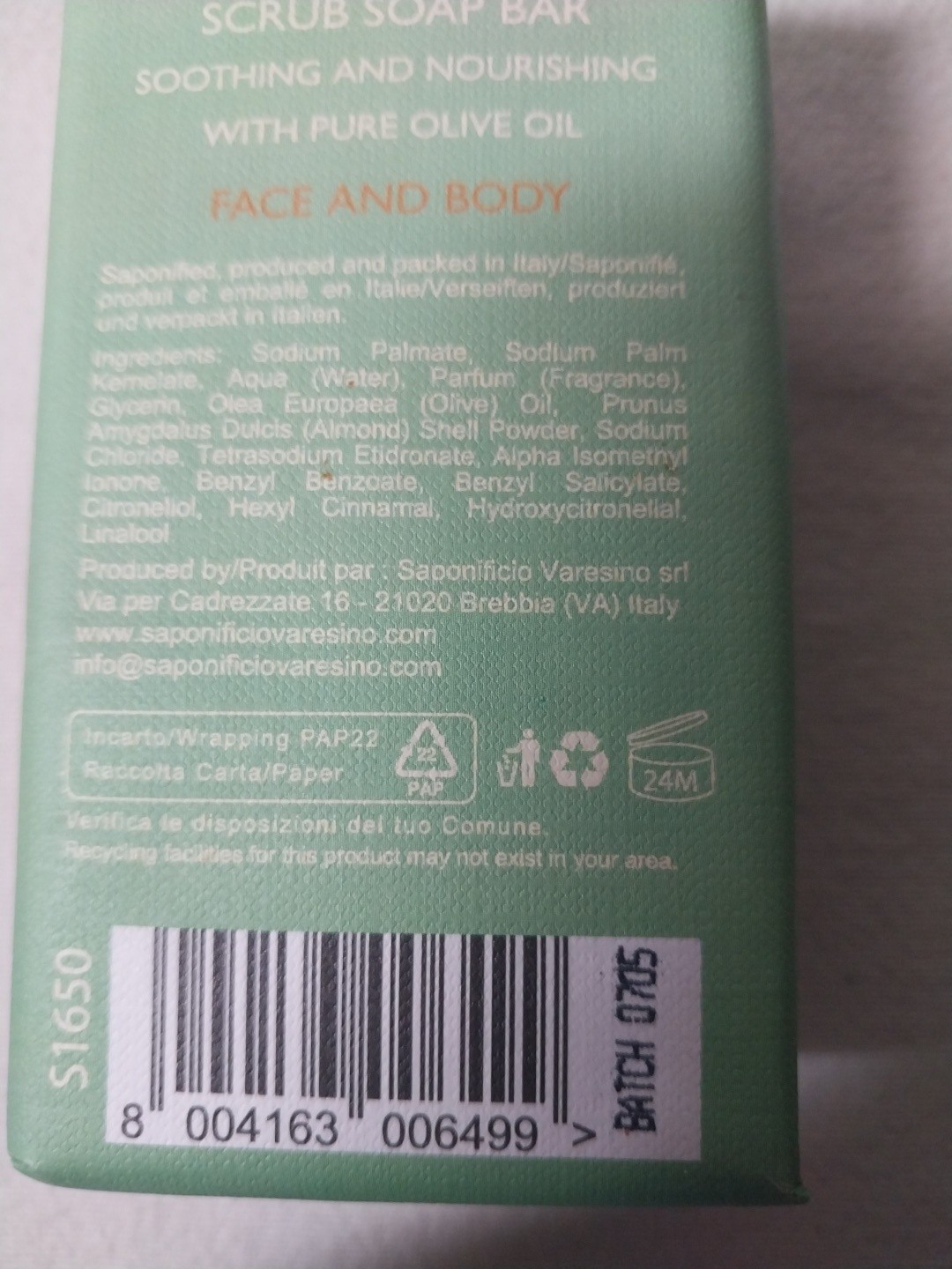 1PCS SAPONIFICIO VARESINO Face & Body Scrub Scented Soap Bar GREEN TEA 10.5 Oz