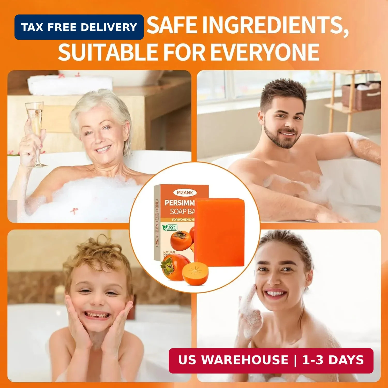 3 PACK Persimmon Soap Bar for Old People Smell,Natural Deodorant Body Face Bar S