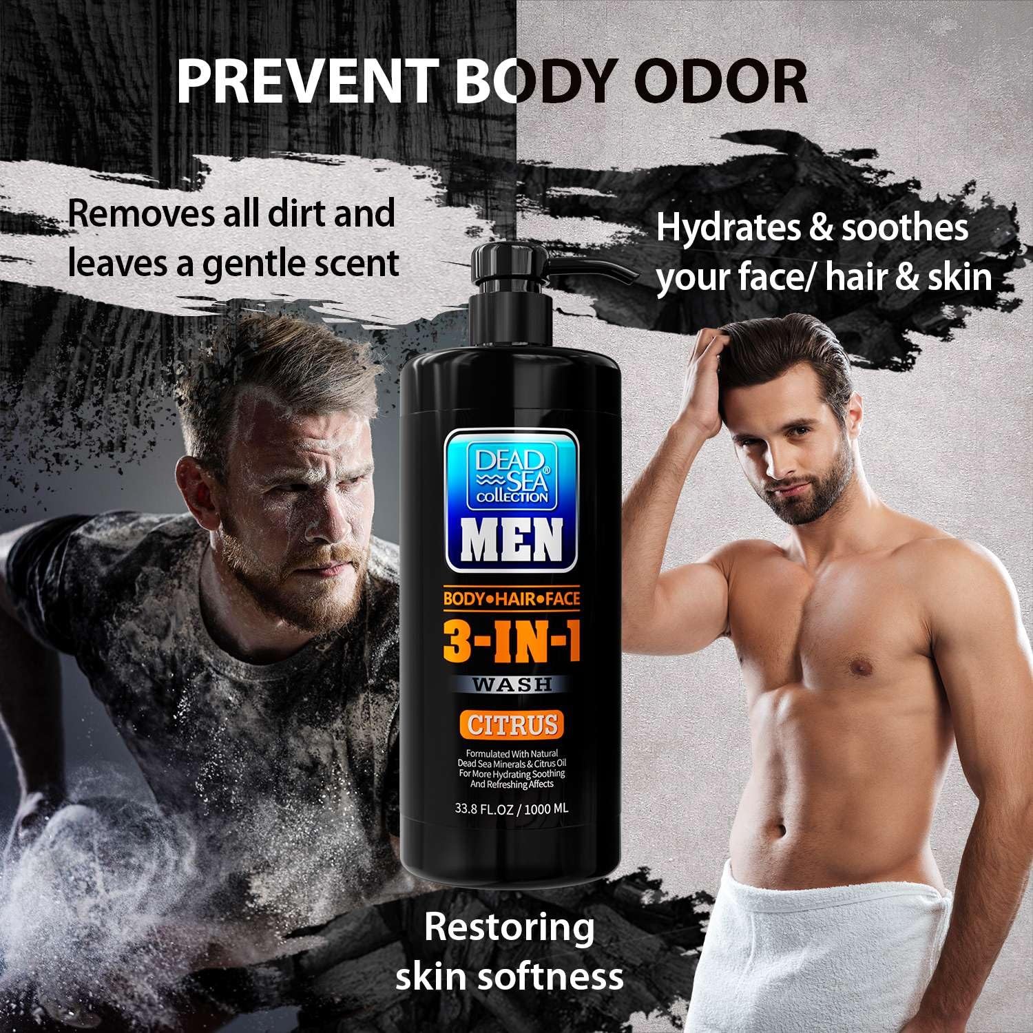 Dead Sea Collection Mens Body Wash 3 in 1 – 33.8 Fl Oz (Pack of 2), Citrus
