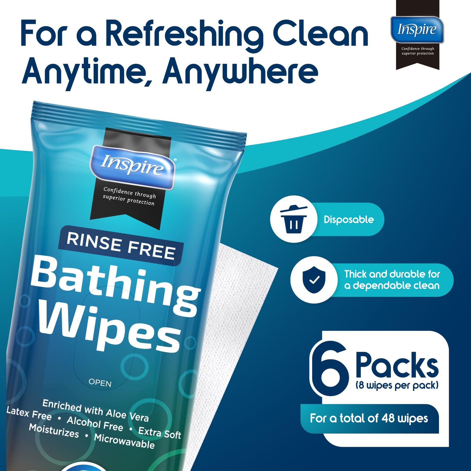 Extra Large RinseFree Body Wipes for Adults 48 Count Bathing Cloths
