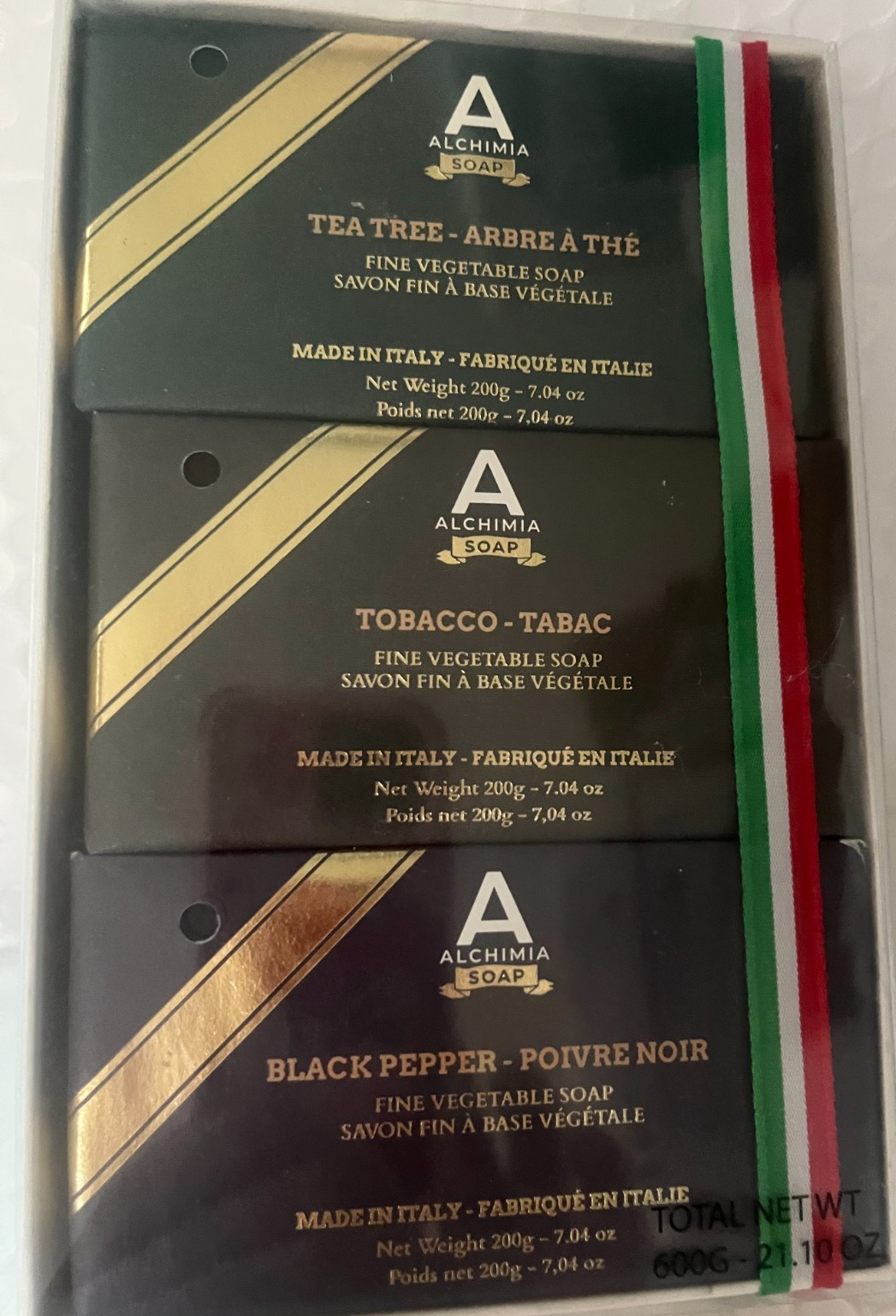 ALCHIMIA SOAP FINE VEGETABLE SOAP TRIO TEATREE,TOBACCO,BLACK PEPPER 7.04OZ EACH