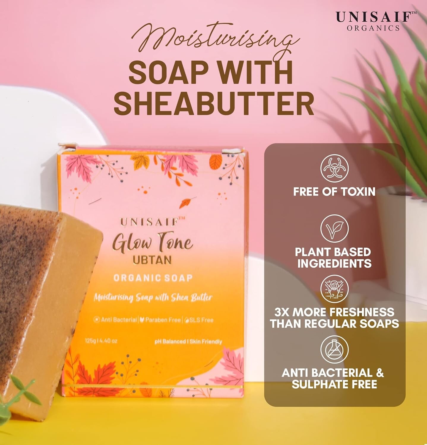 Unisaif Glow Tone Ubtan Organic Body Soap Bar, Moisturizing With Shea Butter