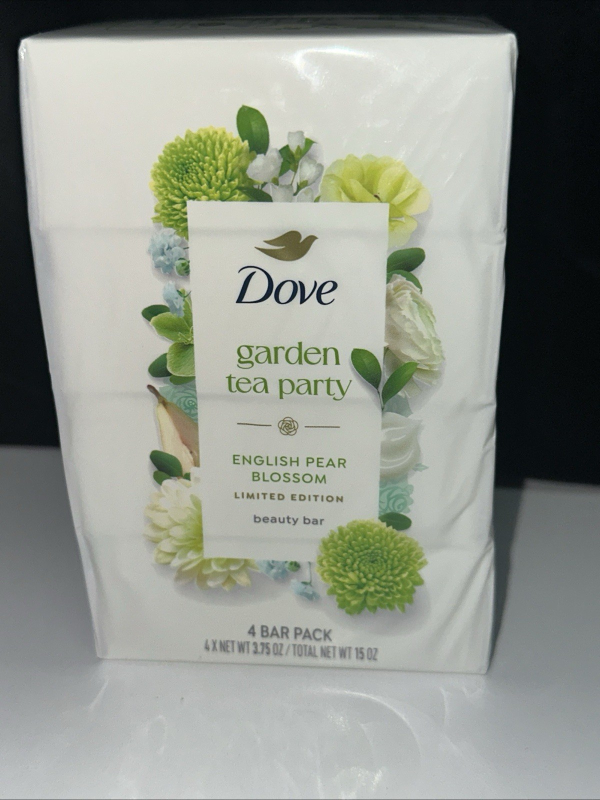 DOVE–8 BARS GARDEN TEA PARTY English Pear Blossom LTD ED- EACH 3.75oz Bar Soap
