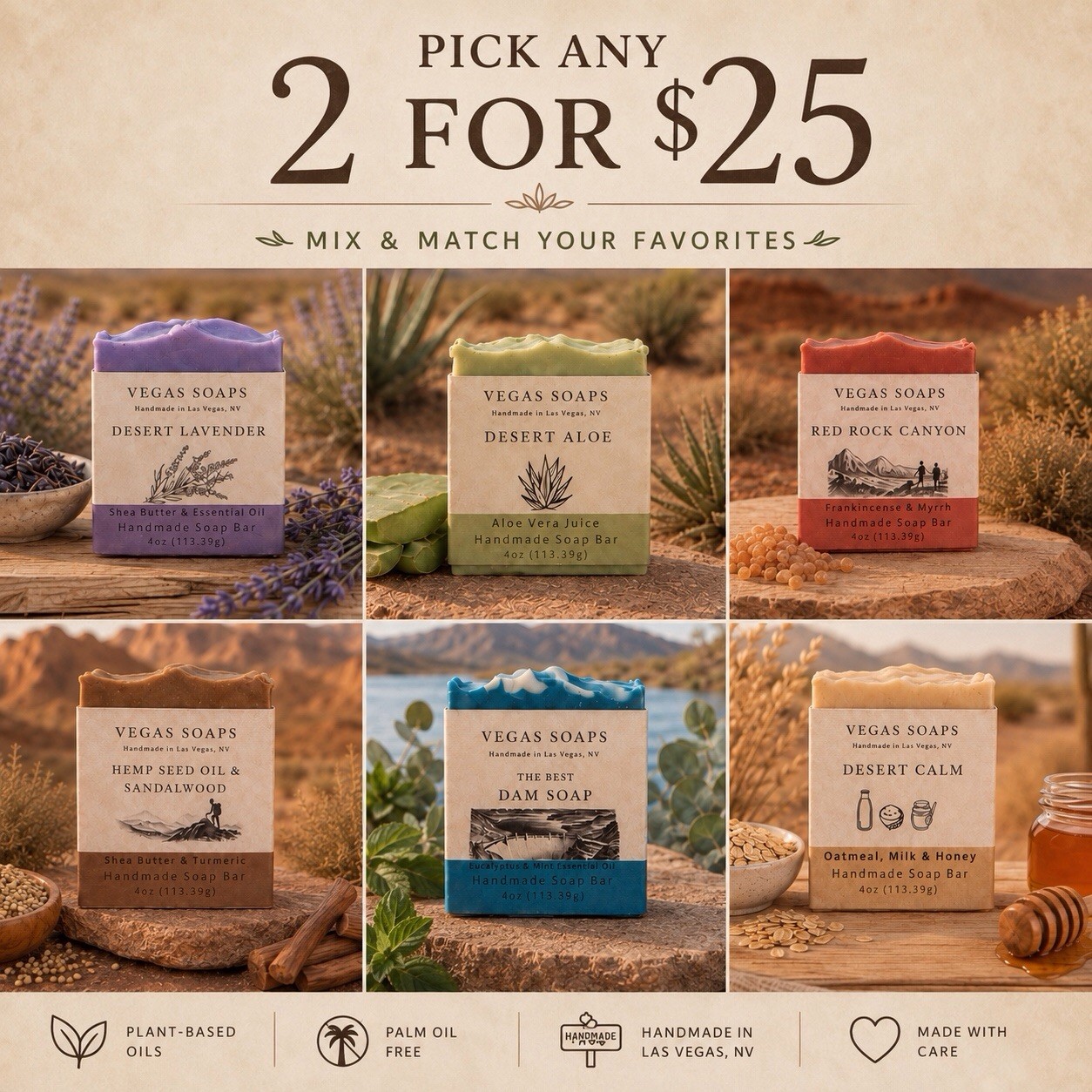 Vegas Soaps Pick Any Two For $25 Handmade Soap Bars Palm-Oil-Free Mix & Match
