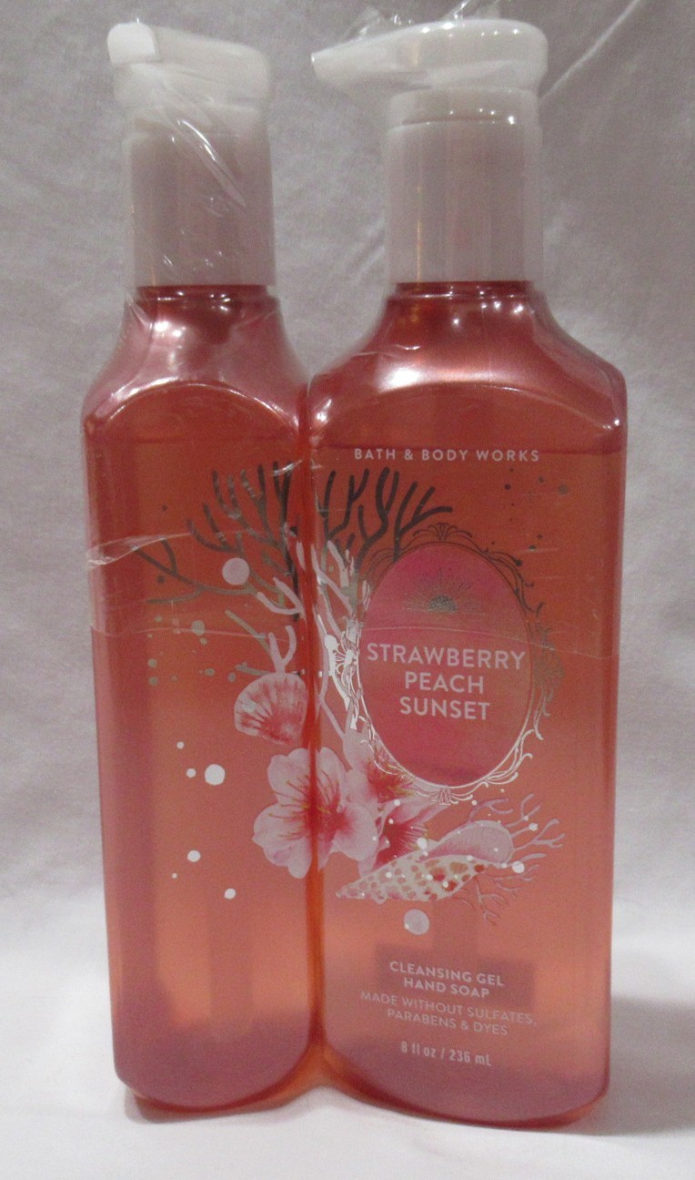 Bath & Body Works Cleansing Gel Hand Soap Lot Set of 2 STRAWBERRY PEACH SUNSET