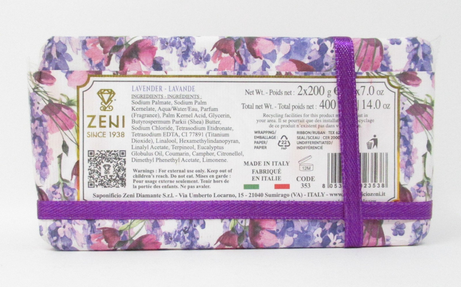 Zeni Italian Luxury Bath Bar Soap 2 Pack Lavender 7oz each (14oz total)