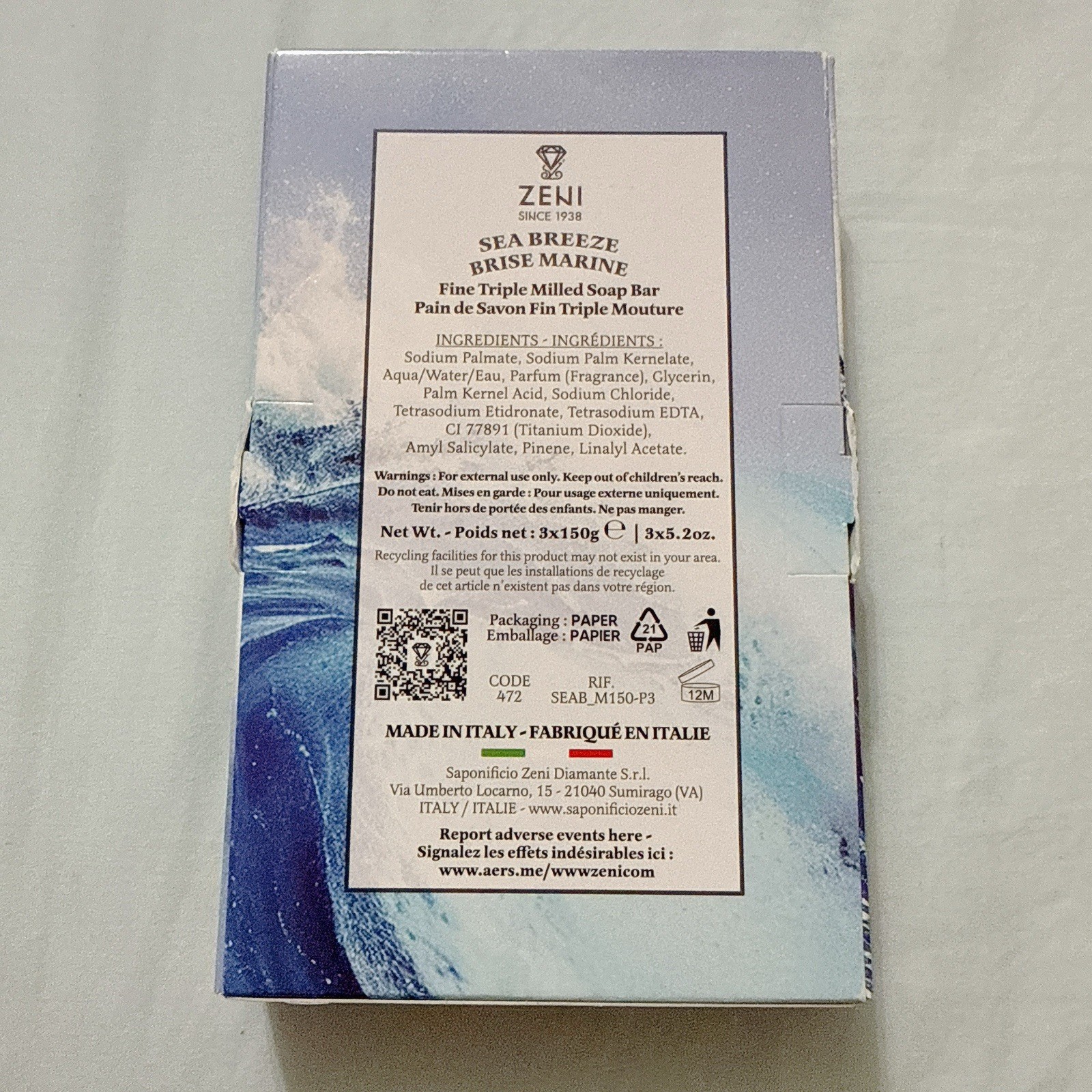 ZENI FINE TRIPLE MILLED SOAP BAR (3 BARS )5.2 Oz EACH ITALY- SEA BREEZE