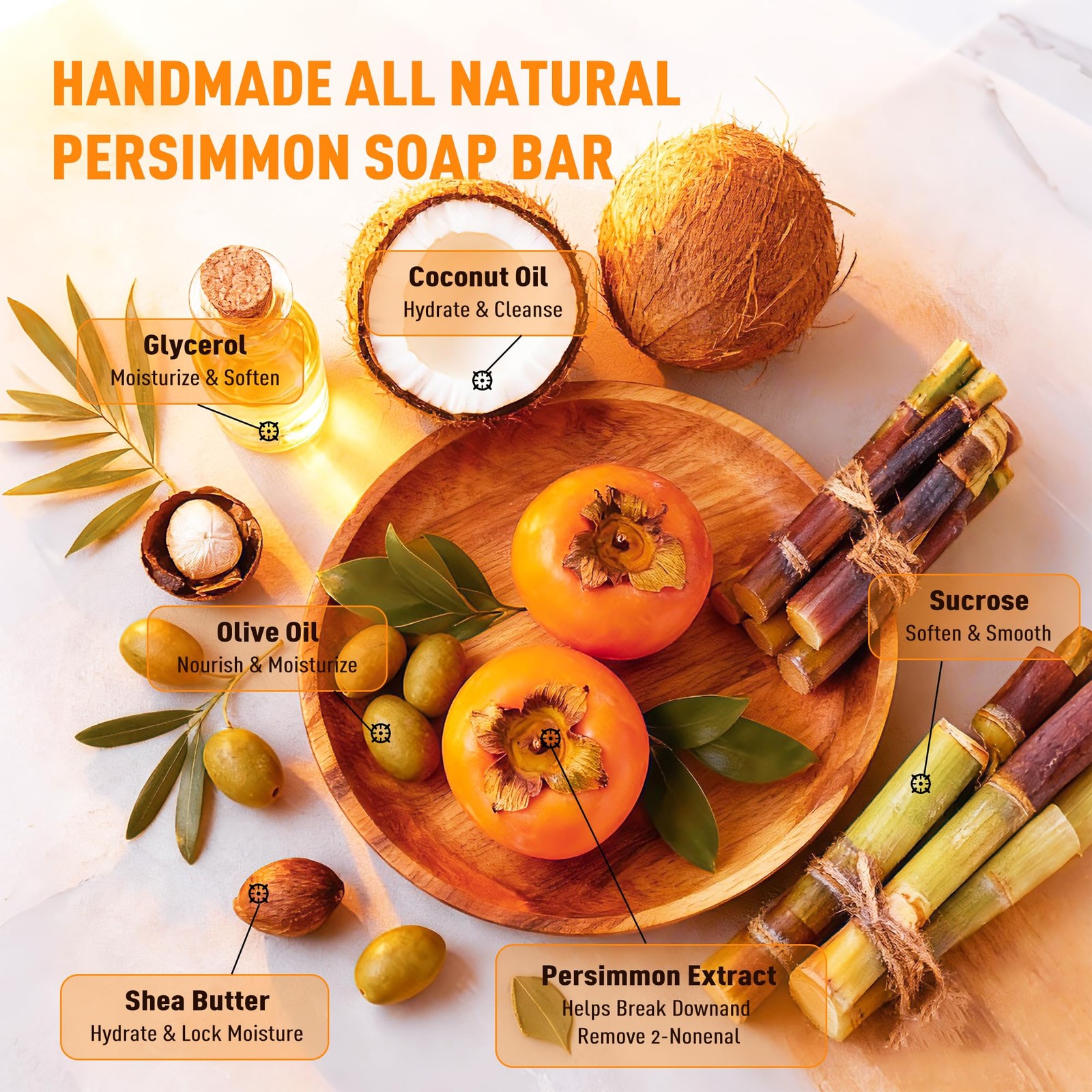 120G Round Persimmon Soap for Body Odor & Old People Smell Eliminator, Natura…