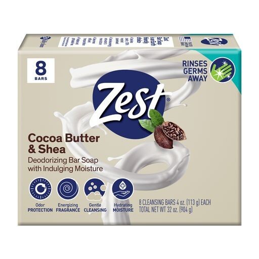 Zest Cocoa Butter & Shea Bar Soap, for All Skin Types, 4 oz, 8 Bars