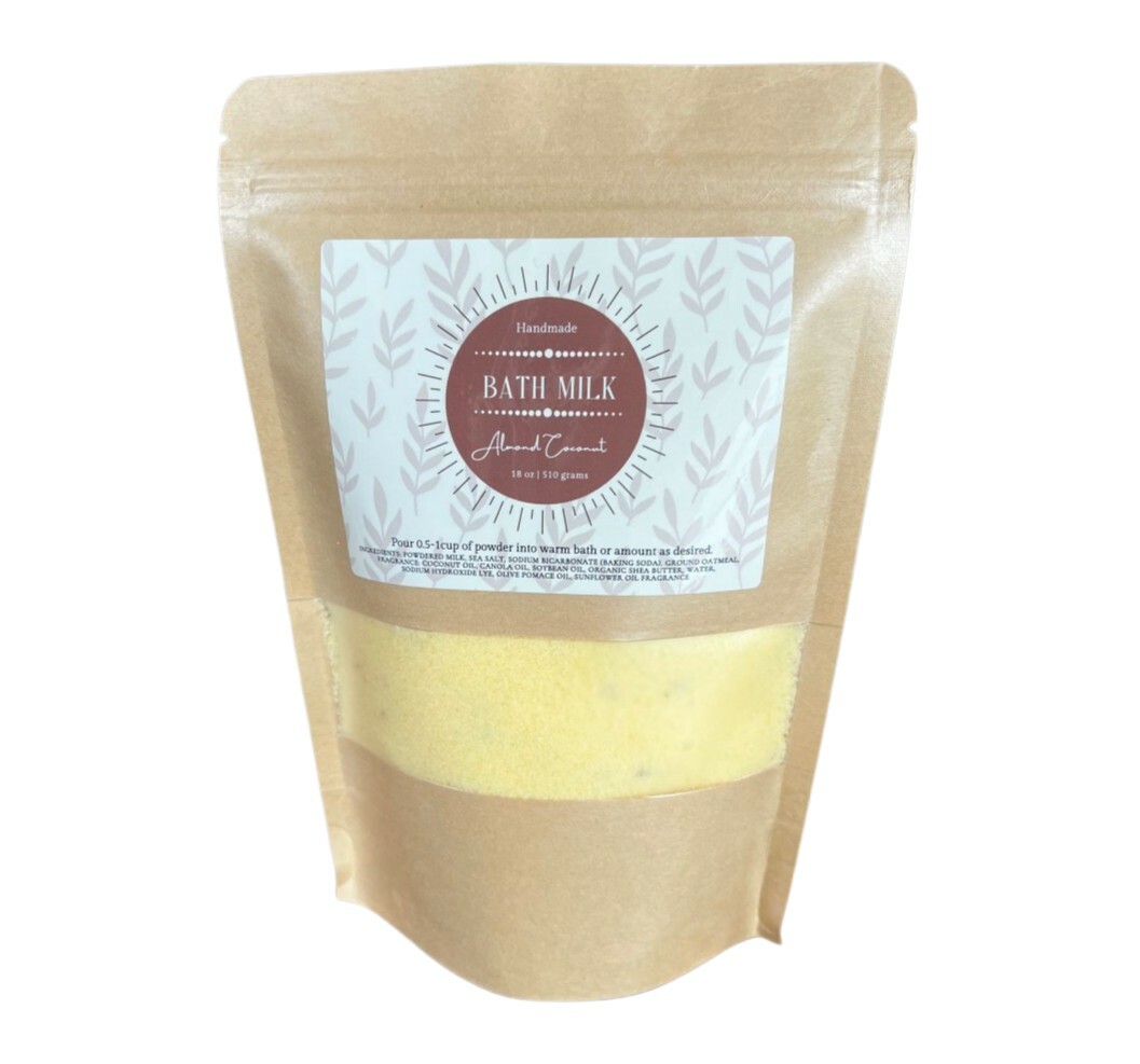 Almond Coconut Bath Milk, Handmade Moisturizing Powder 18oz | Heat Sealed Gift