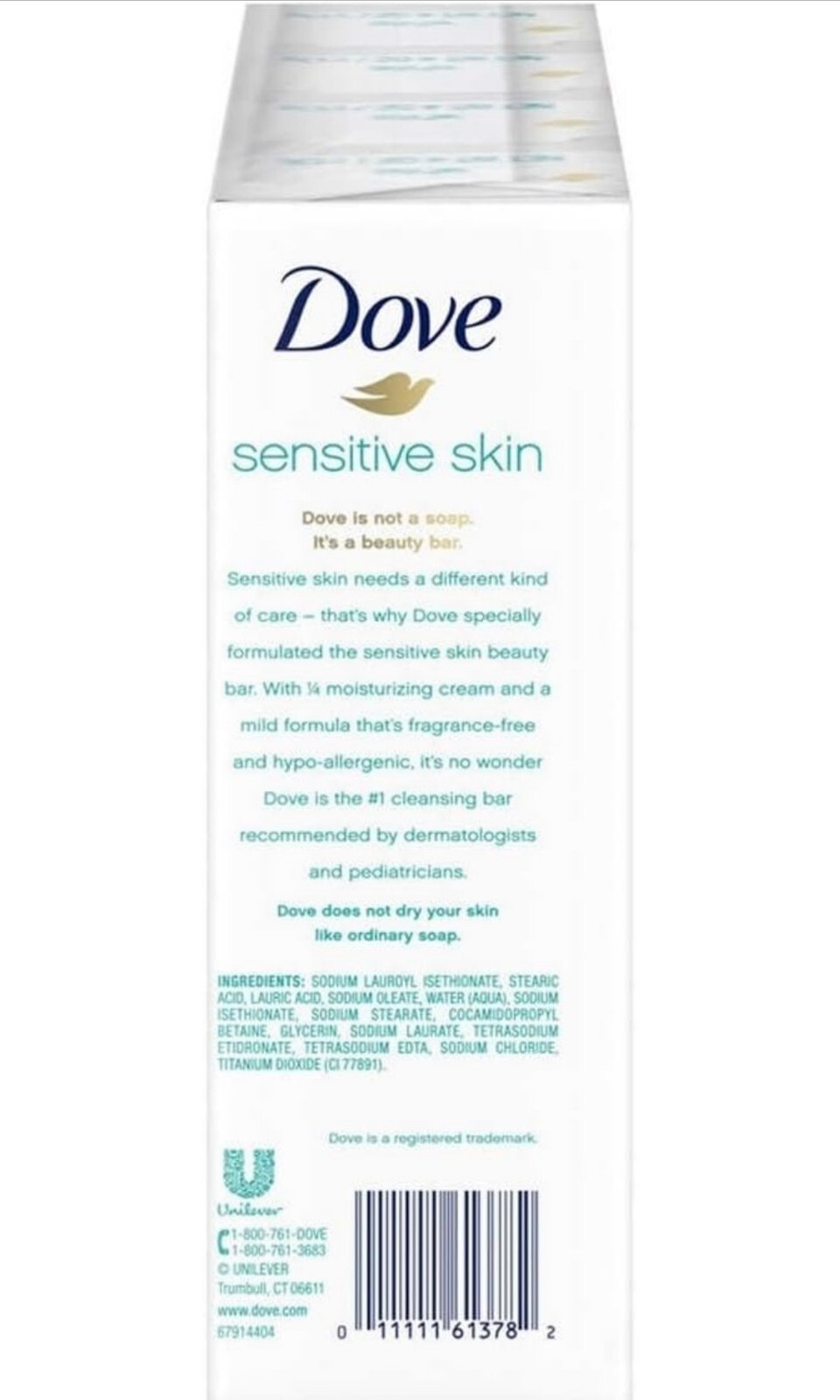 Dove Sensitive Skin Hypoallergenic Beauty Bar Soap ~ 3.75 oz X 16 Bars