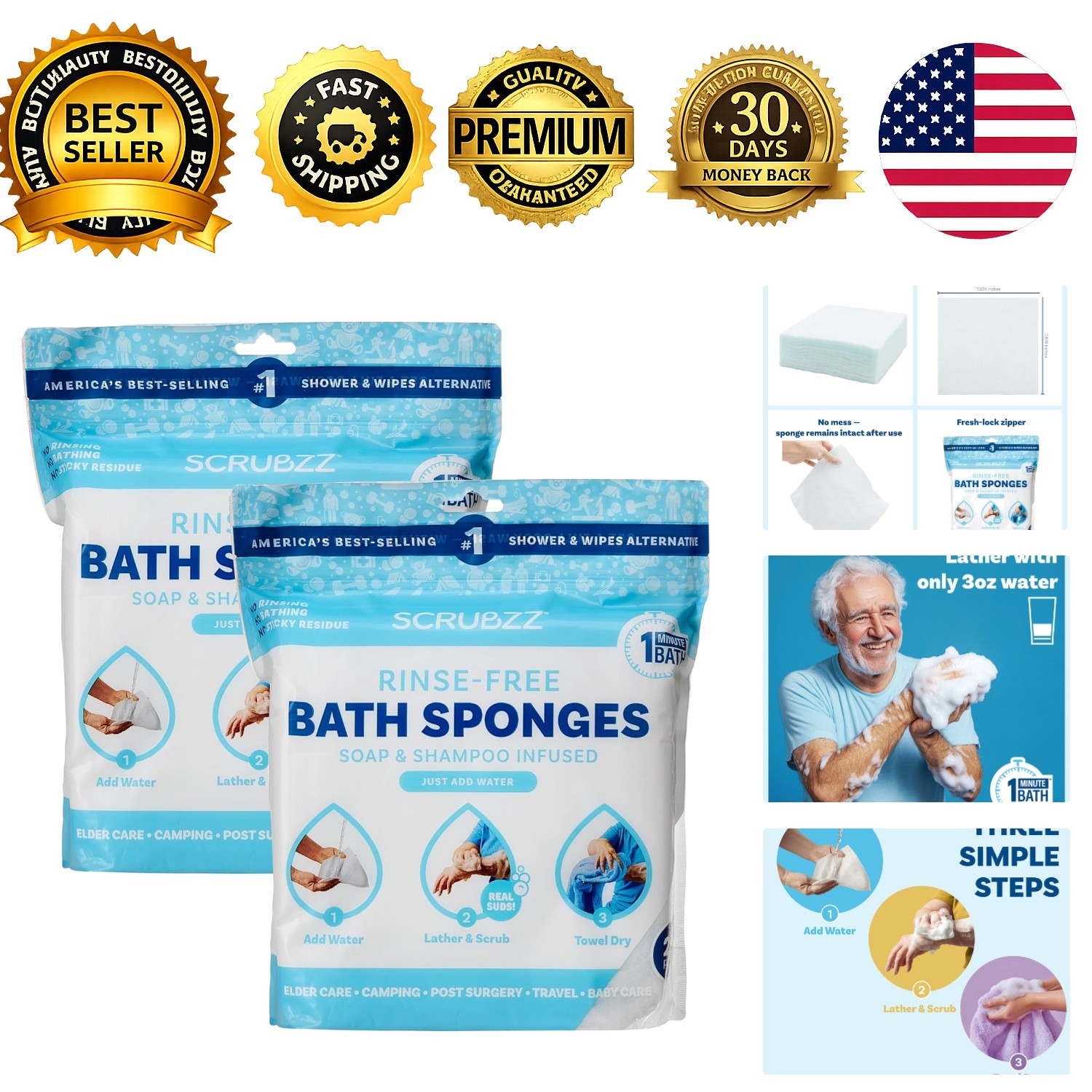 Disposable No Rinse Bathing Wipes Unscented 2-Pack Single Use Shower Wipes