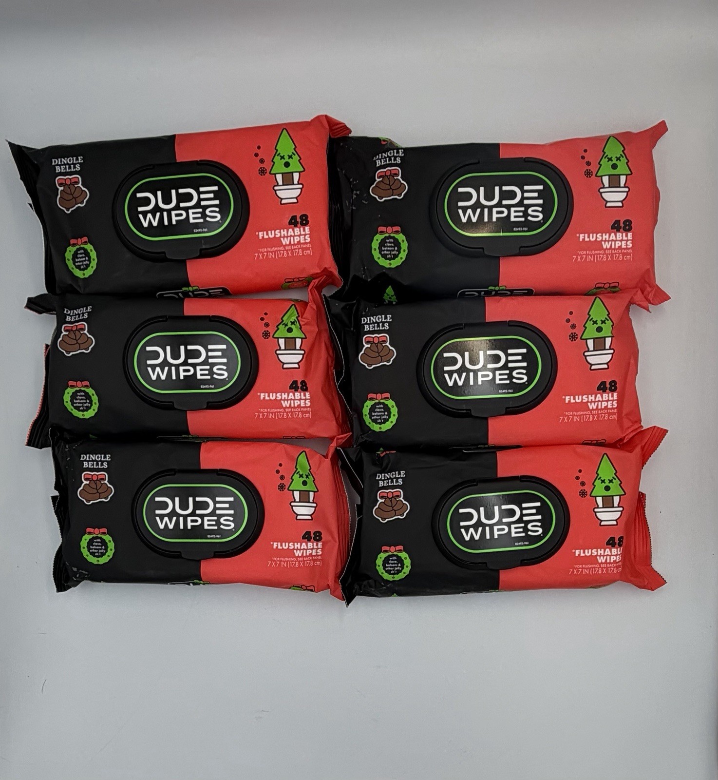DUDE Wipes Dingle Bells Flushable 6 Pack 288 Wet Wipes Sealed