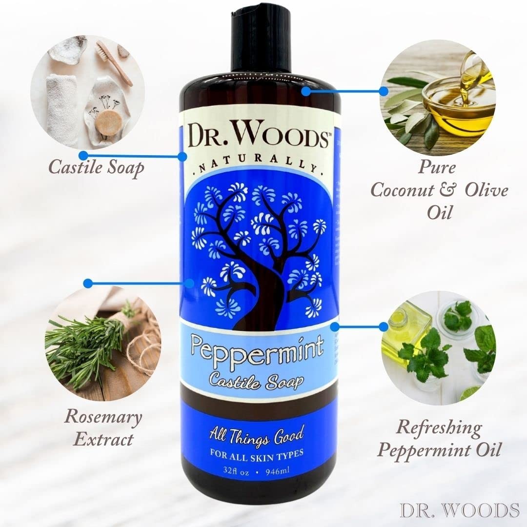 Dr. Woods Peppermint Castile Soap 32 oz All Natural Liquid Body Wash Pack of 6