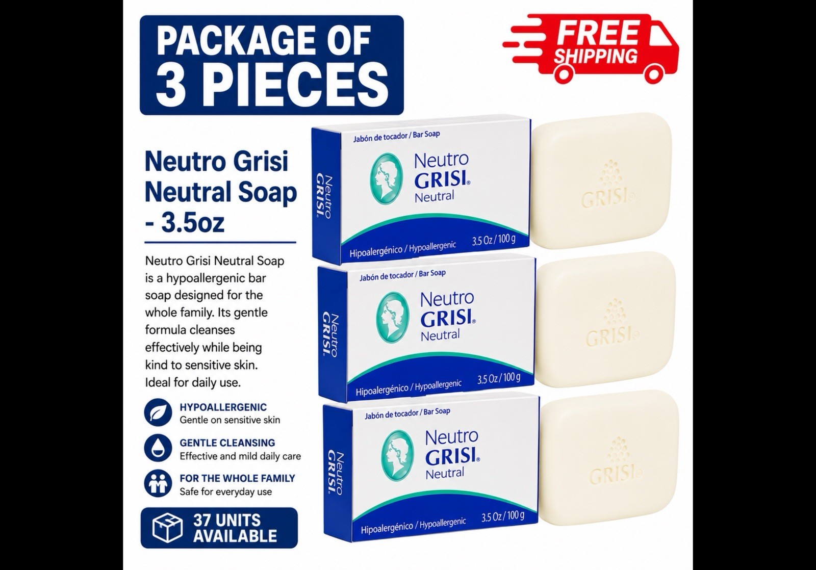 Grisi Neutro Grisi Hypoallergenic Unscented Bar Soap 3.5 oz, Pack of 3