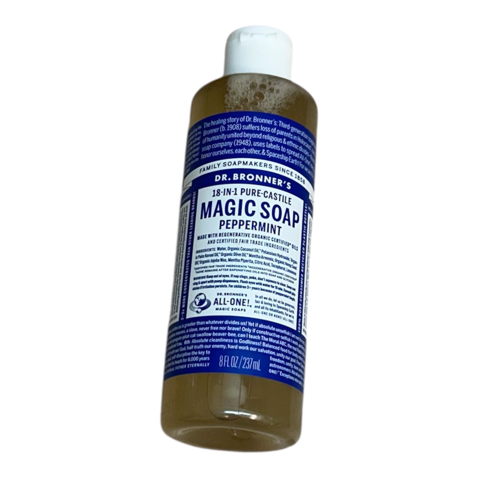 Dr. Broner’s- Pure-Castile Magic Liquid Soap (Peppermint 8,oz), Non GMO, Vegan