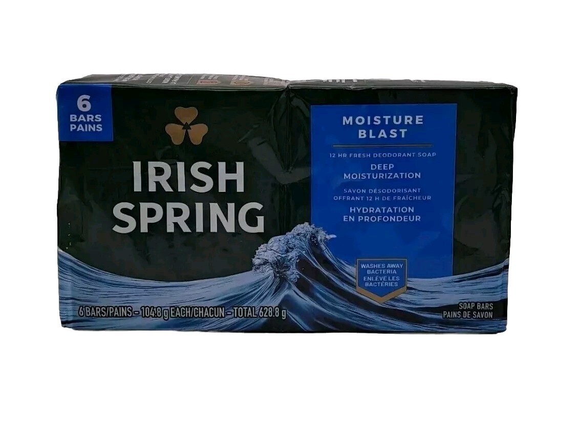 Irish Spring Moisture Blast 12 Hour Deodorant Bar Soap Individually Packaged 6CT