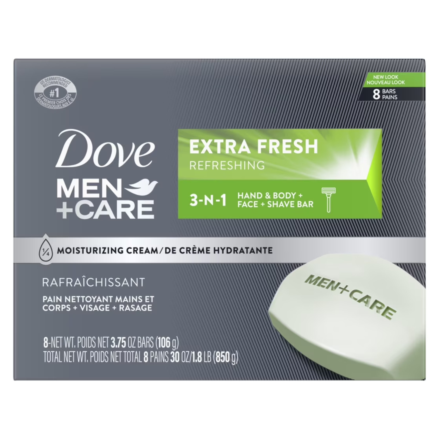 Dove Men+Care 3-in-1 Extra Fresh 8 Bars Body Face & Shave Cleanser 3.75oz New