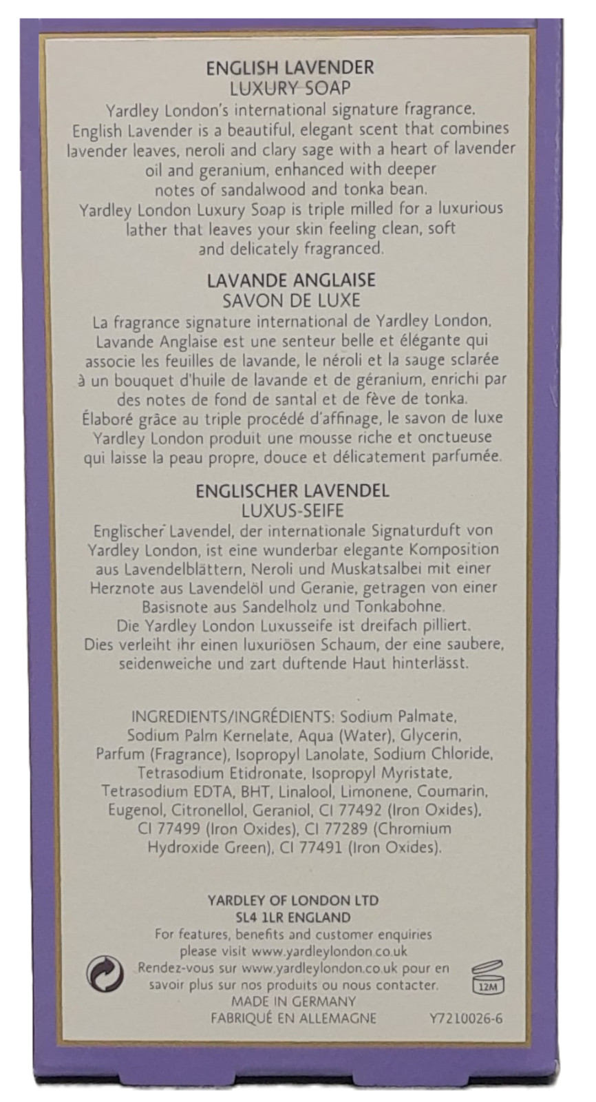 Yardley London English Lavender for Women Luxury Soaps 3×3.5 Oz (Pack of 3)