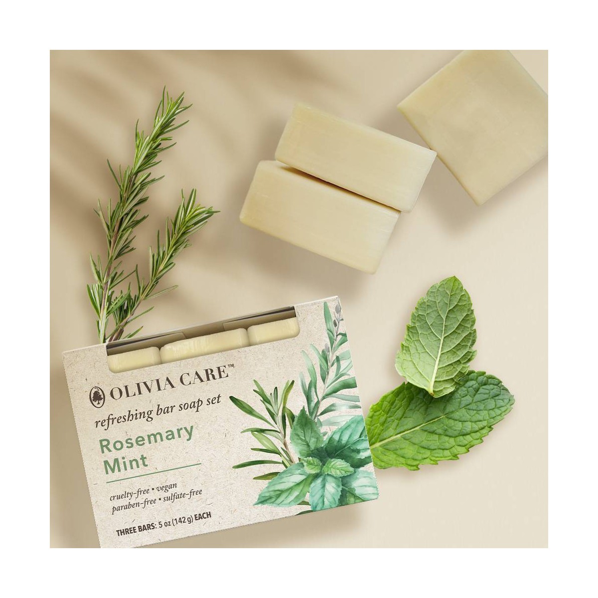 Olivia Care Rosemary Mint Bar Soap Set – 5oz/3ct: Moisturizing, Deep Cleaning,