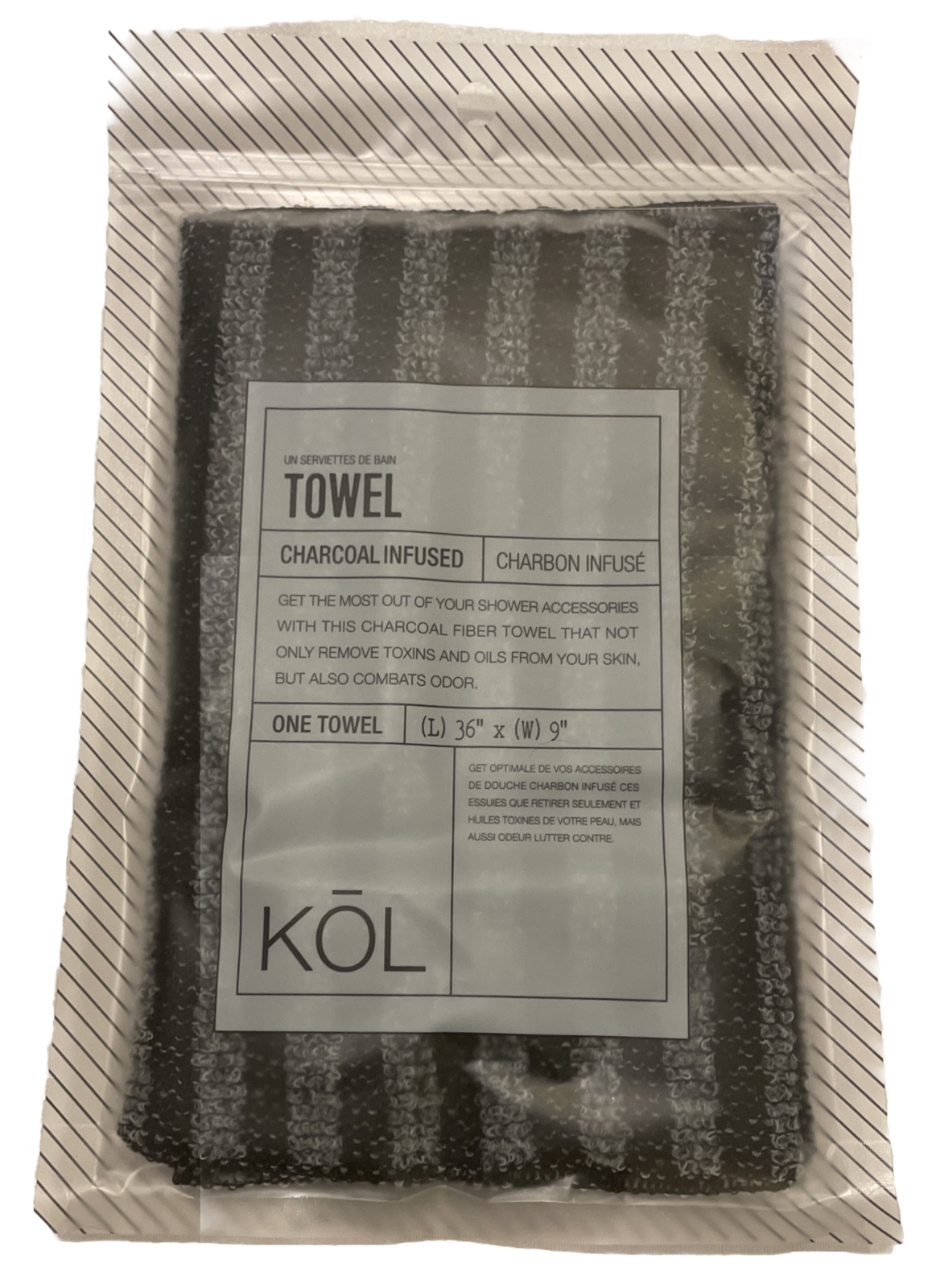 Donnamax KOL Charcoal Infused Towel 36″x9″ Black/Gray Striped (NEW)