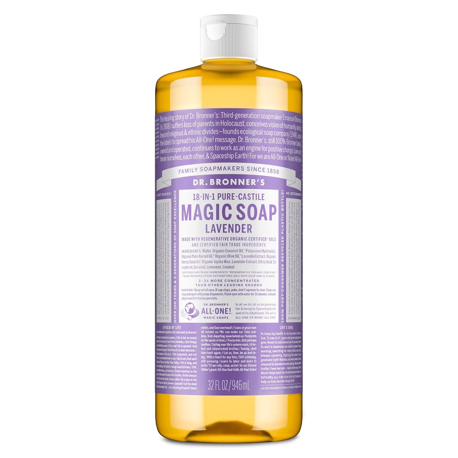 Pure-Castile Liquid Soap, Made with Organic Oils, 18-In-1 Uses: Face, Body, Hair
