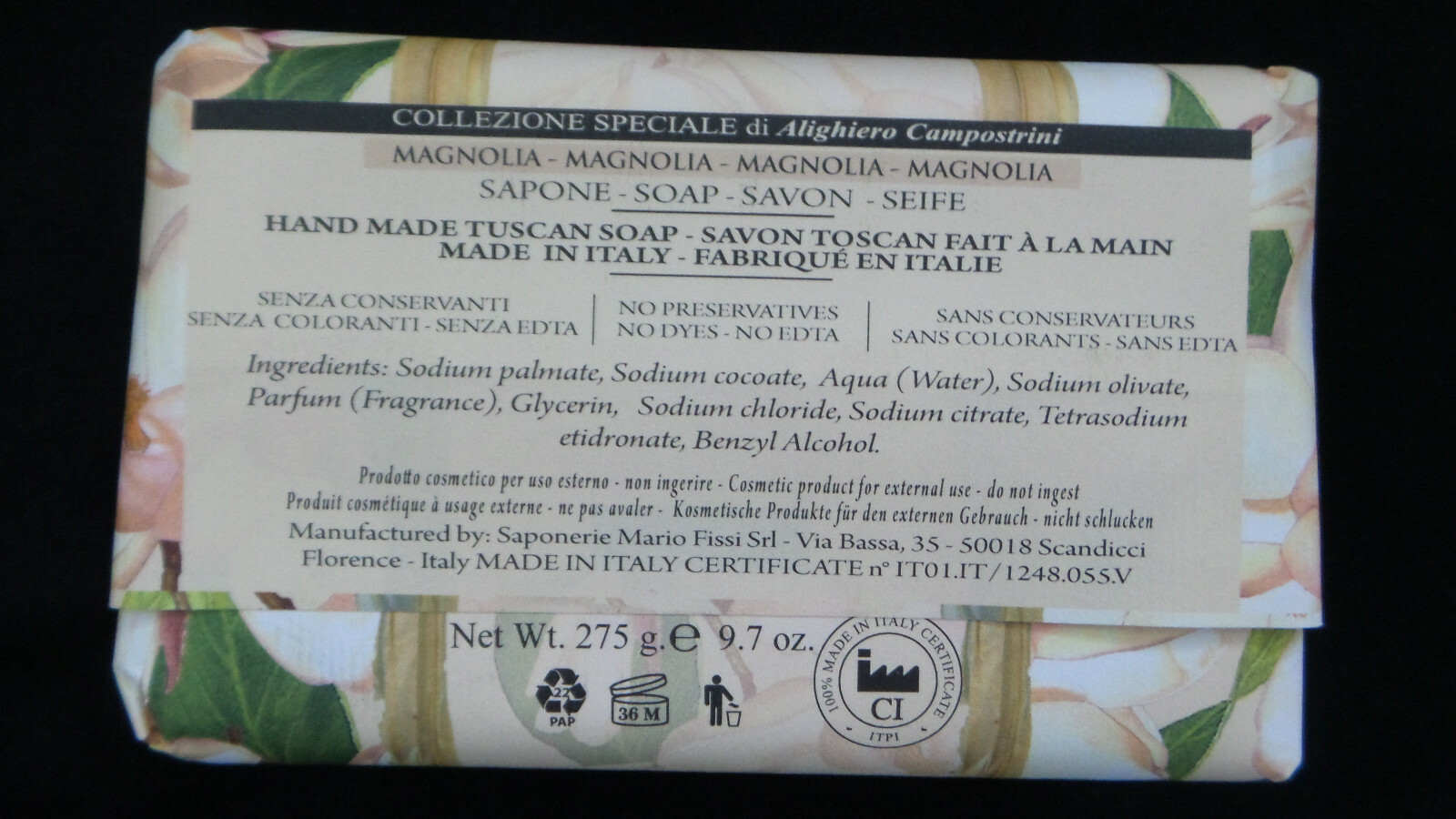 Magnolia Luxury Soap Bar Saponerie Mario Fissi HandMade Made Italy 9.7 oz New