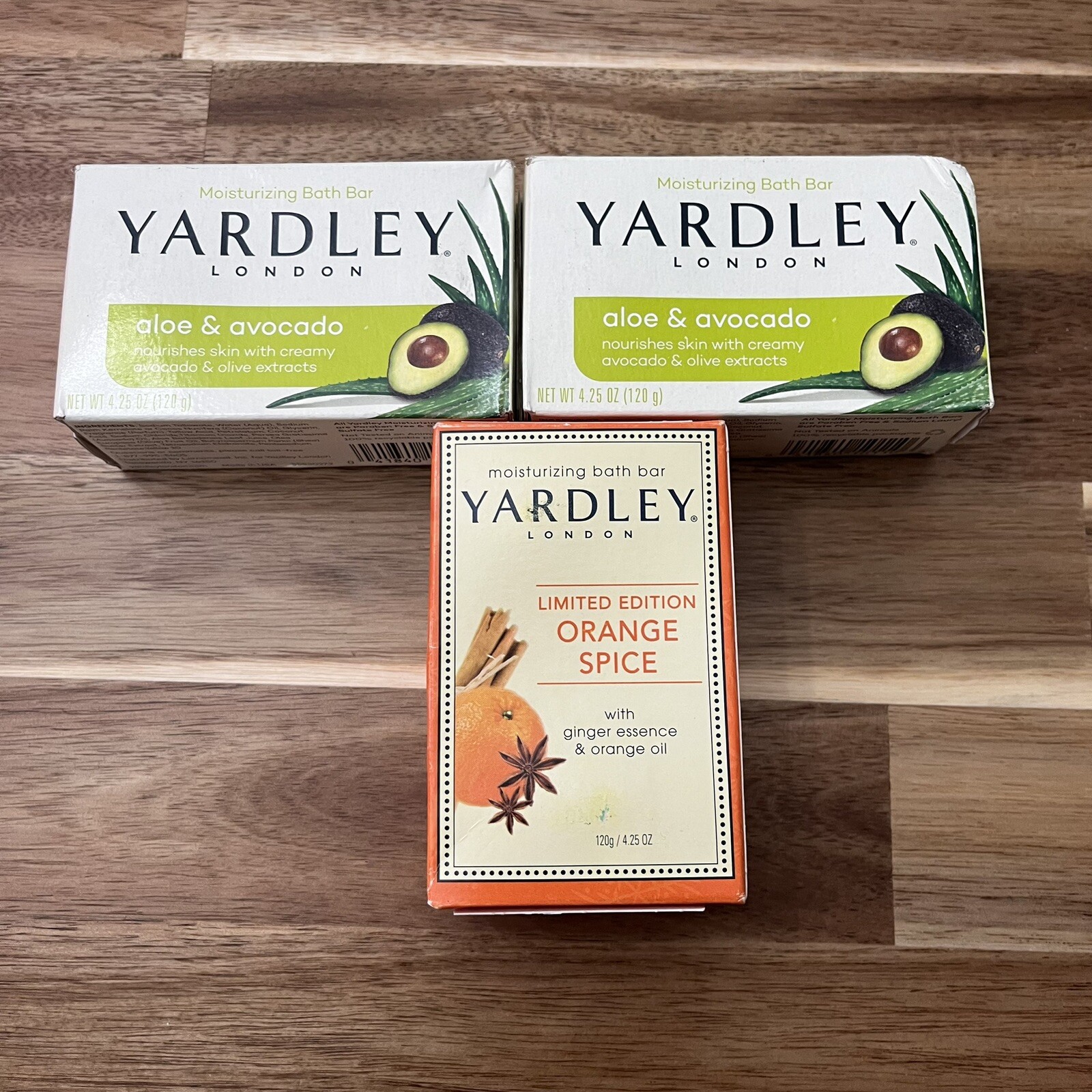 3 Bars Yardley Bar Soap 1 Orange Spice 2 Aloe & Avocado 4.25 Oz Each