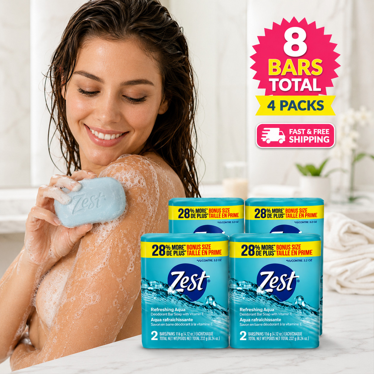 Zest Deodorant Bar Soap Aqua Hydrating Moisture Vitamin E 8 Bars (4 Pack) 4oz