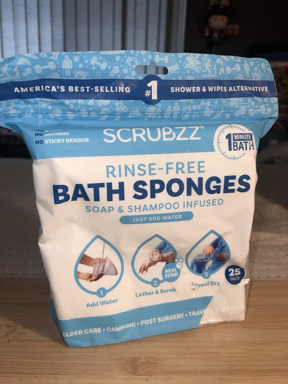 SCRUBZZ DISPOSABLE RINSE FREE TOTAL BODY BATH SPONGES 25 PACK – UNOPENED