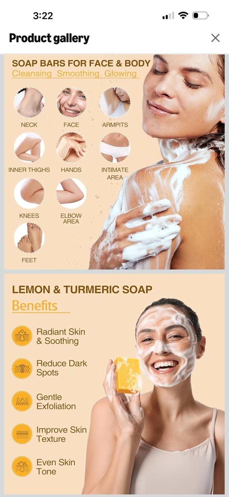 Lemon Turmeric Soap for Dark Body Spots Remover Brighten Soap Bar 2 Pk, Sponge
