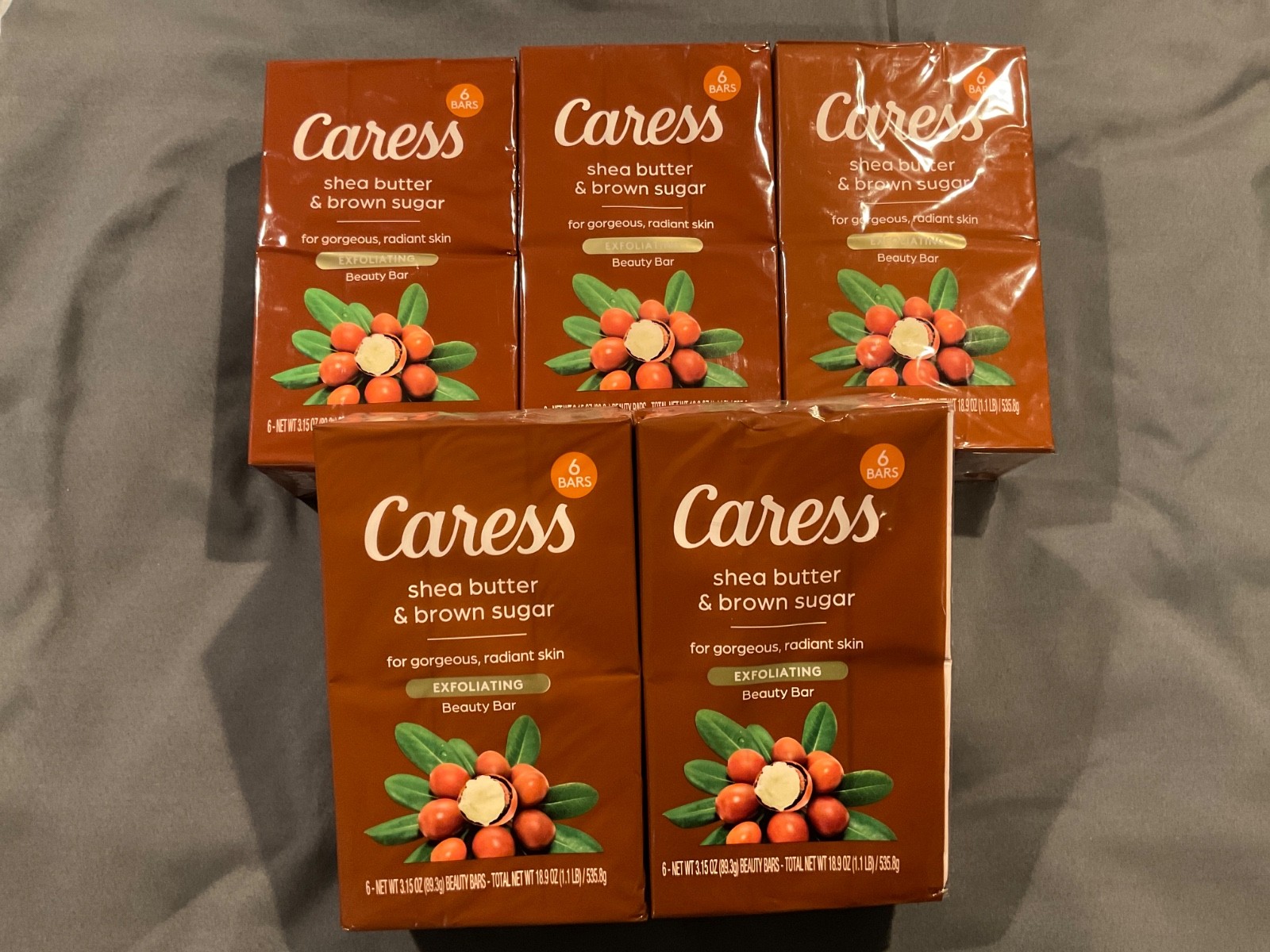 5 Pks Caress Shea Butter & Brown Sugar Exfoliating Beauty Bars. 3.15 Oz 30 Bars