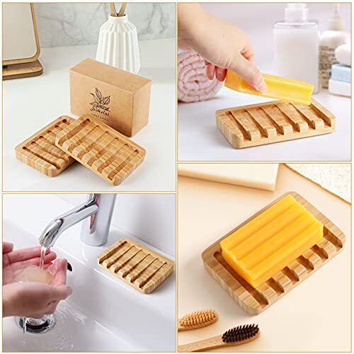 2 Pack Natural Bamboo Soap Dish Holder Self-Draining for Bathroom Kitchen Sink