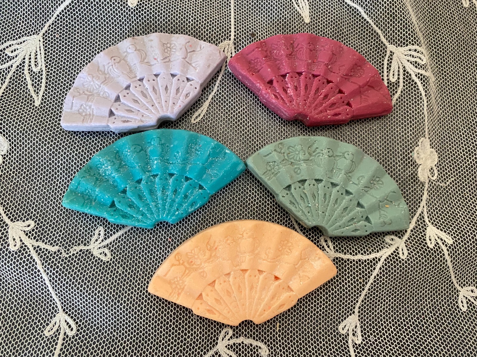 Vintage Lot of 5 Asian Fan Shaped Scented Soaps Decor Display