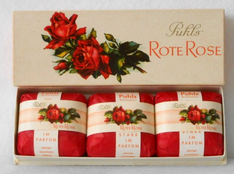 VINTAGE PUHLS SOAP – SET OF 3 – ROSE SCENT – “ROTE ROSE” – 100 GRAMS EACH – NEW