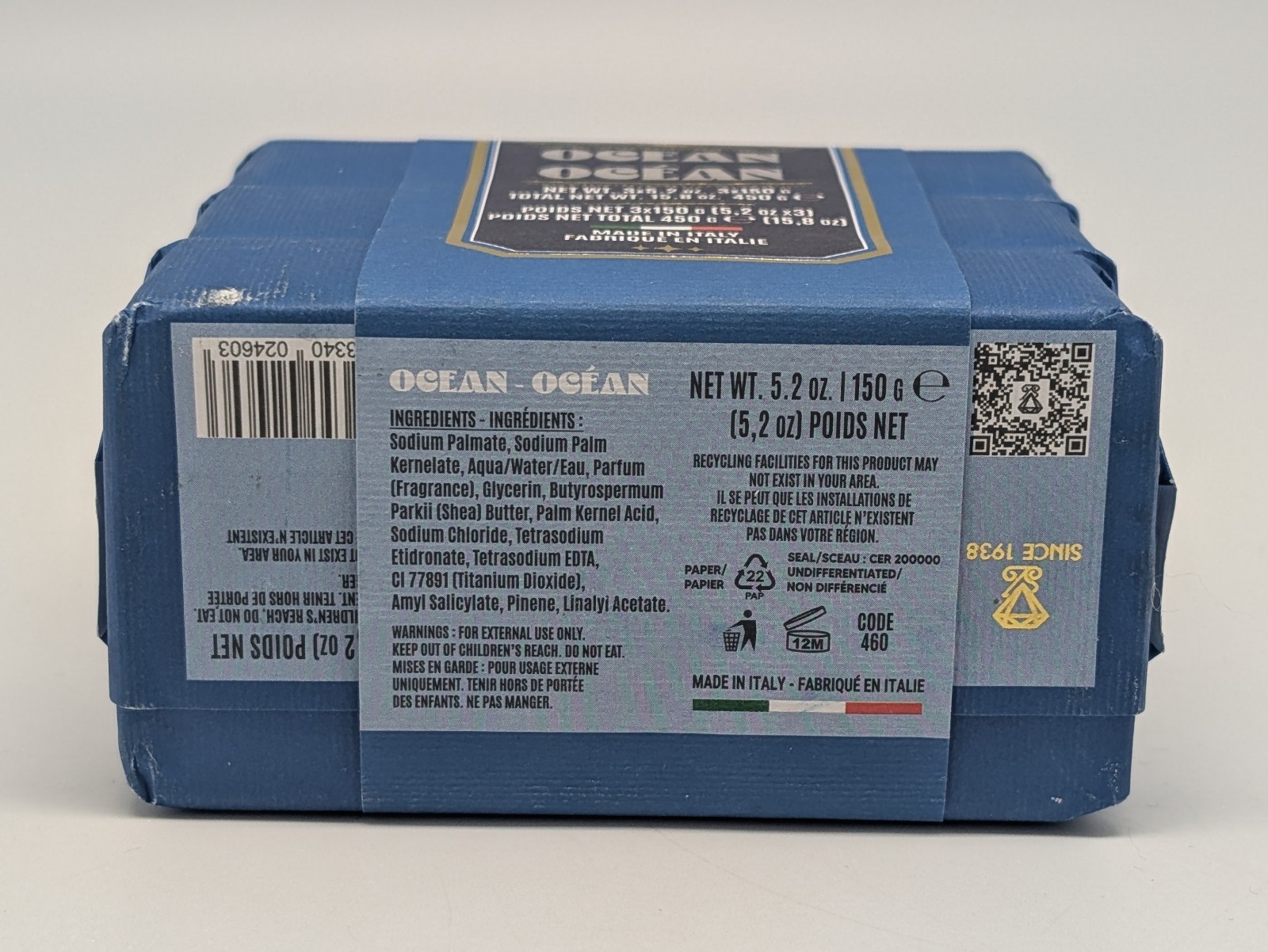 3x 5.2oz Zeni OCEAN Triple Milled Bar Soap – Made in ITALY – Total 15.8oz