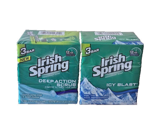 Irish Spring Icy Blast +Deep Scrub 12 hr. Deodorant Soap 3×3.75 oz Bars Lot of 2