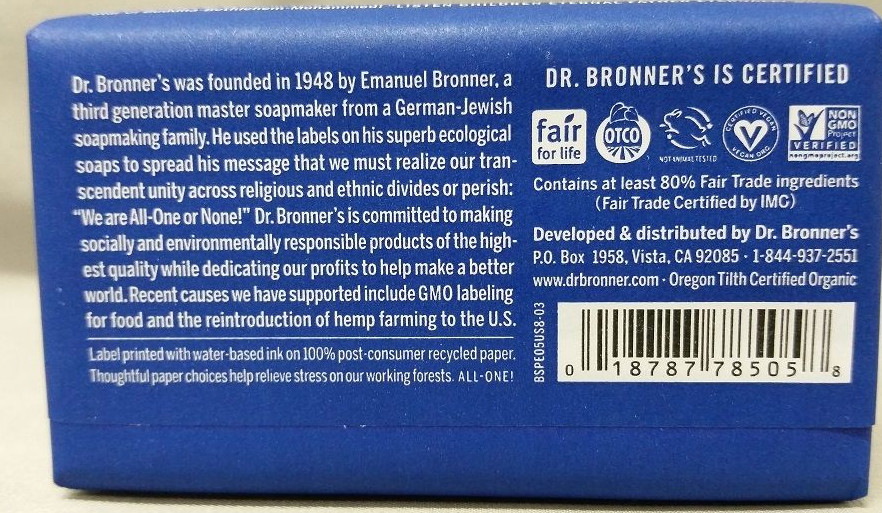 Dr. Bronners Pure-Castile Bar Soap Peppermint Hemp 5 oz Fair-Trade