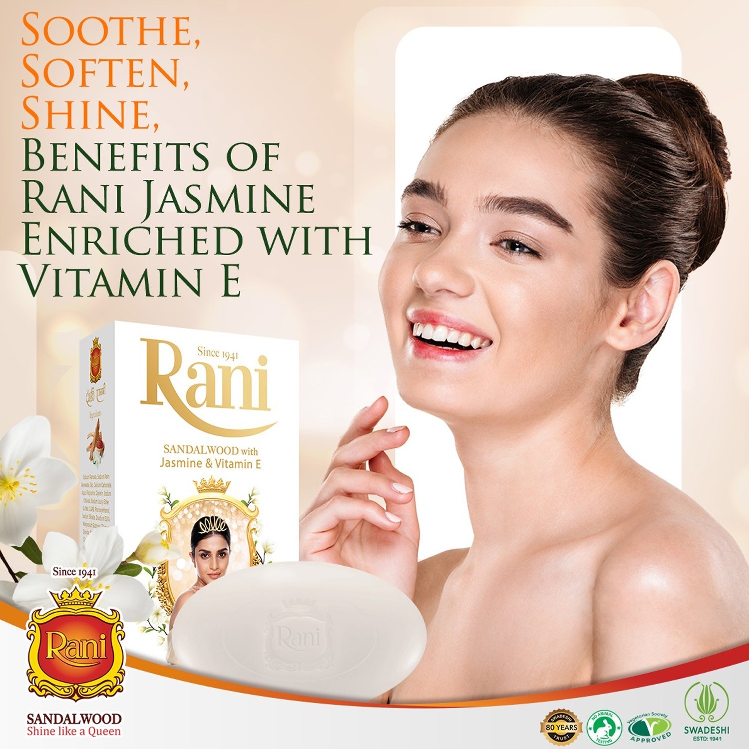 Rani Sandalwood with Jasmine & Vitamin E Bathing Bar Soap Natural Beauty 5 PCs
