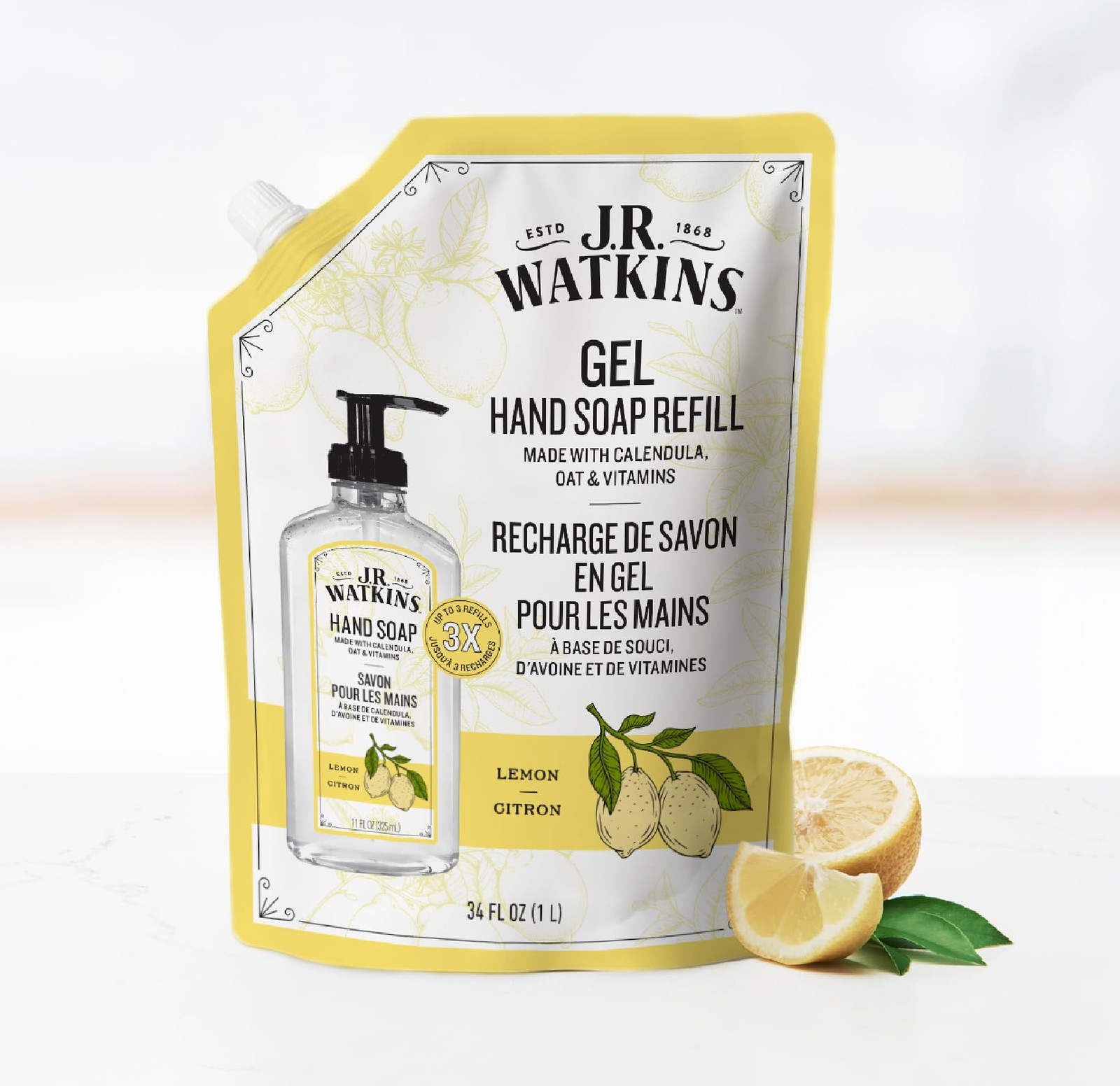 J.R. Watkins Gel Hand Soap Refill, Moisturizing 34 Fl Oz (Pack of 2), Lemon