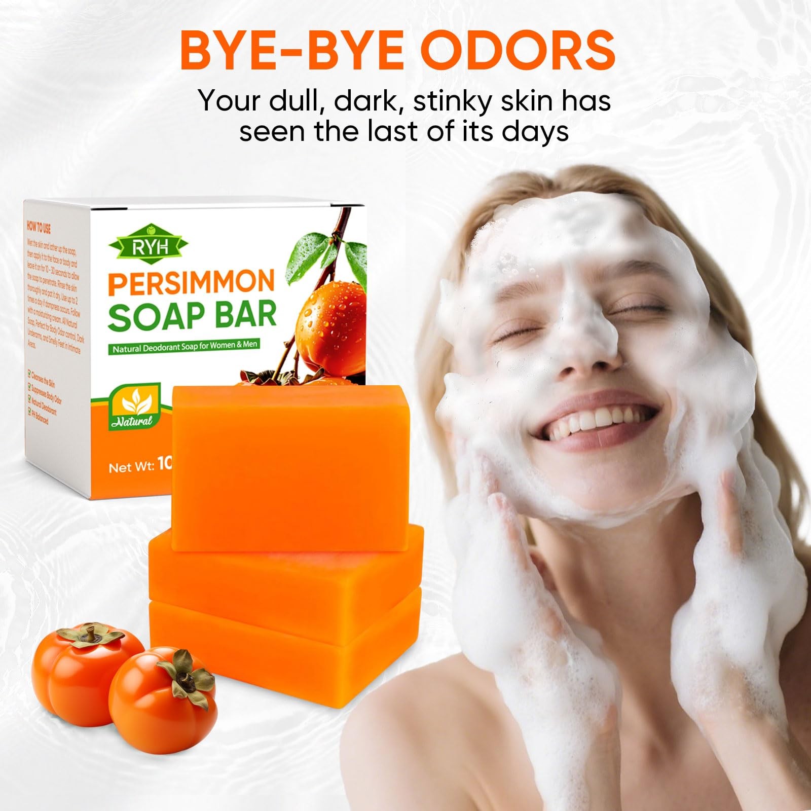 Persimmon Soap Bar 3 PK Odor Control Deodorizing Body Wash Natural Gentle
