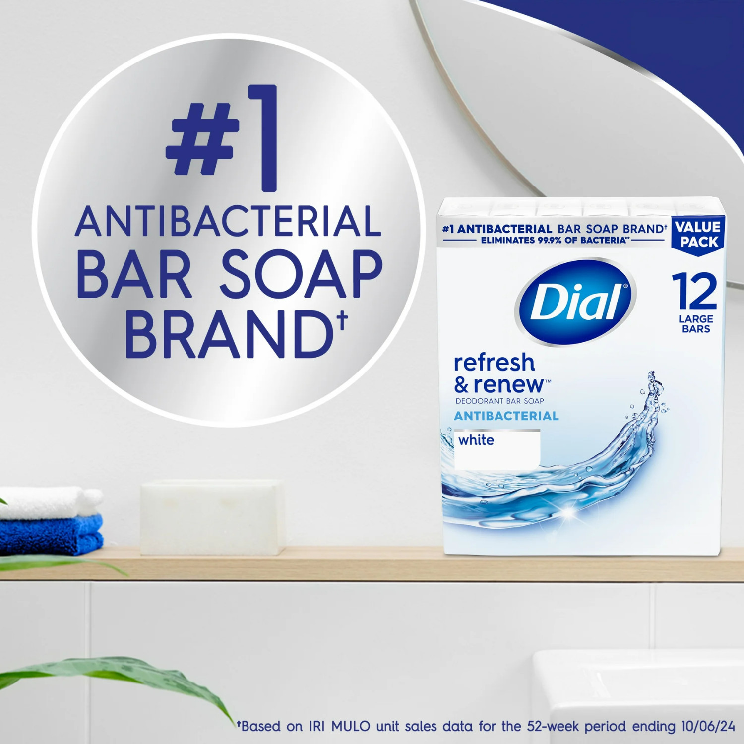 Dial Antibacterial Bar Soap, Refresh & Renew, White, 4 oz, 12 Bars