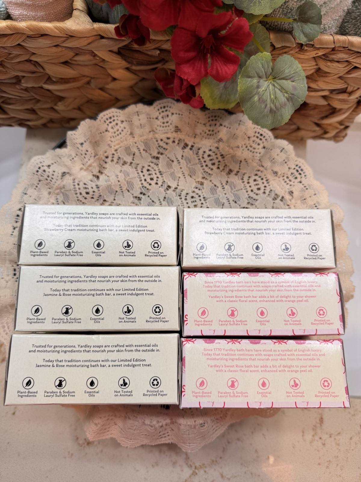 Yardley Set Of 6 Bar Soaps Jasmine Rose, Strawberry Cream, Sweet Rose 4 oz Bars