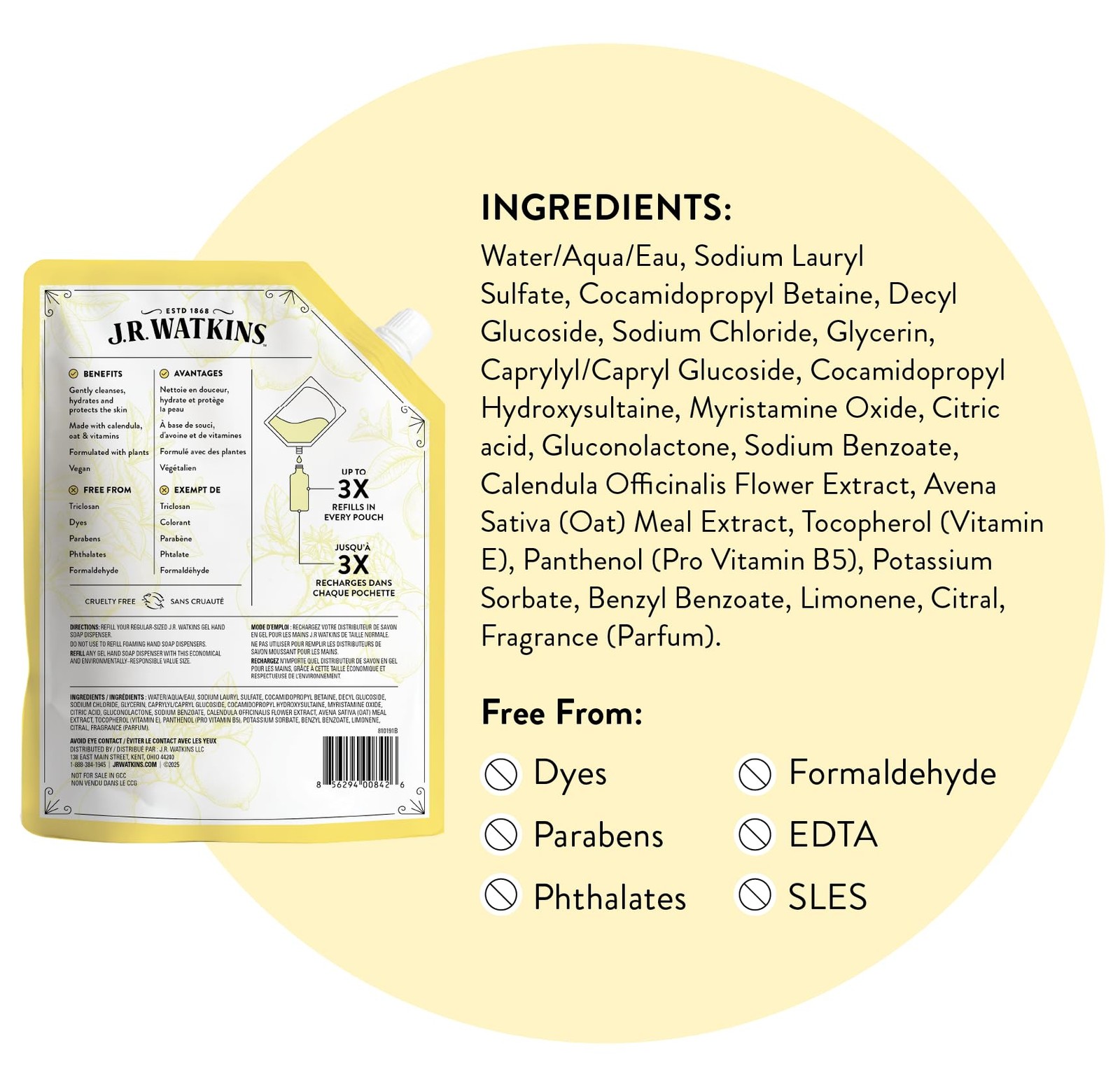 J.R. Watkins Gel Hand Soap Refill, Moisturizing 34 Fl Oz (Pack of 2), Lemon