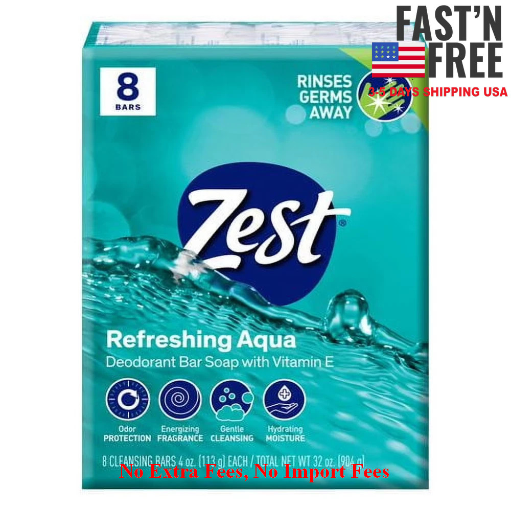 Zest Deodorant Bar Soap Hydrating Moisture Aqua 4oz, 64 Bars Total, for All Skin